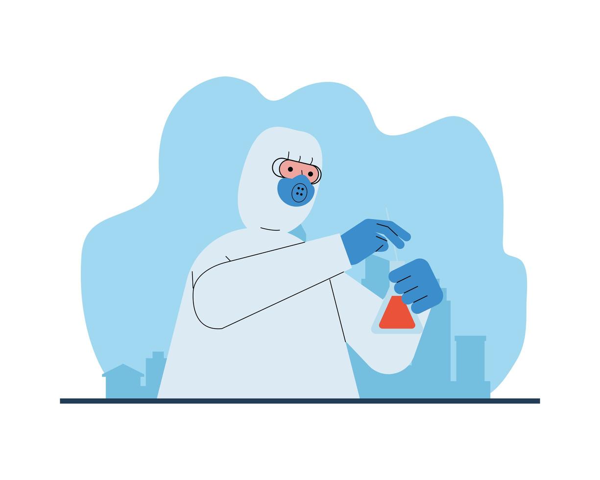 Scientific doctor with biosafety suit and laboratory flask vector