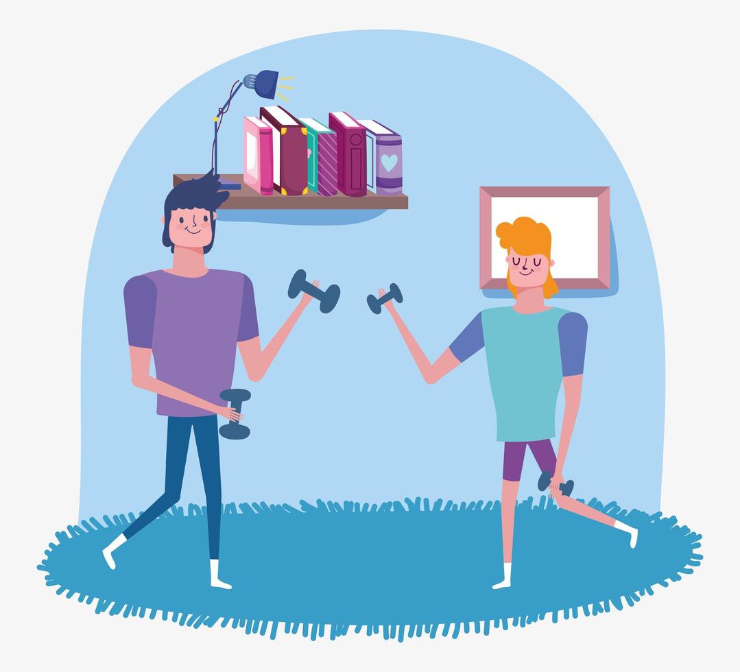 Young men working out at home vector