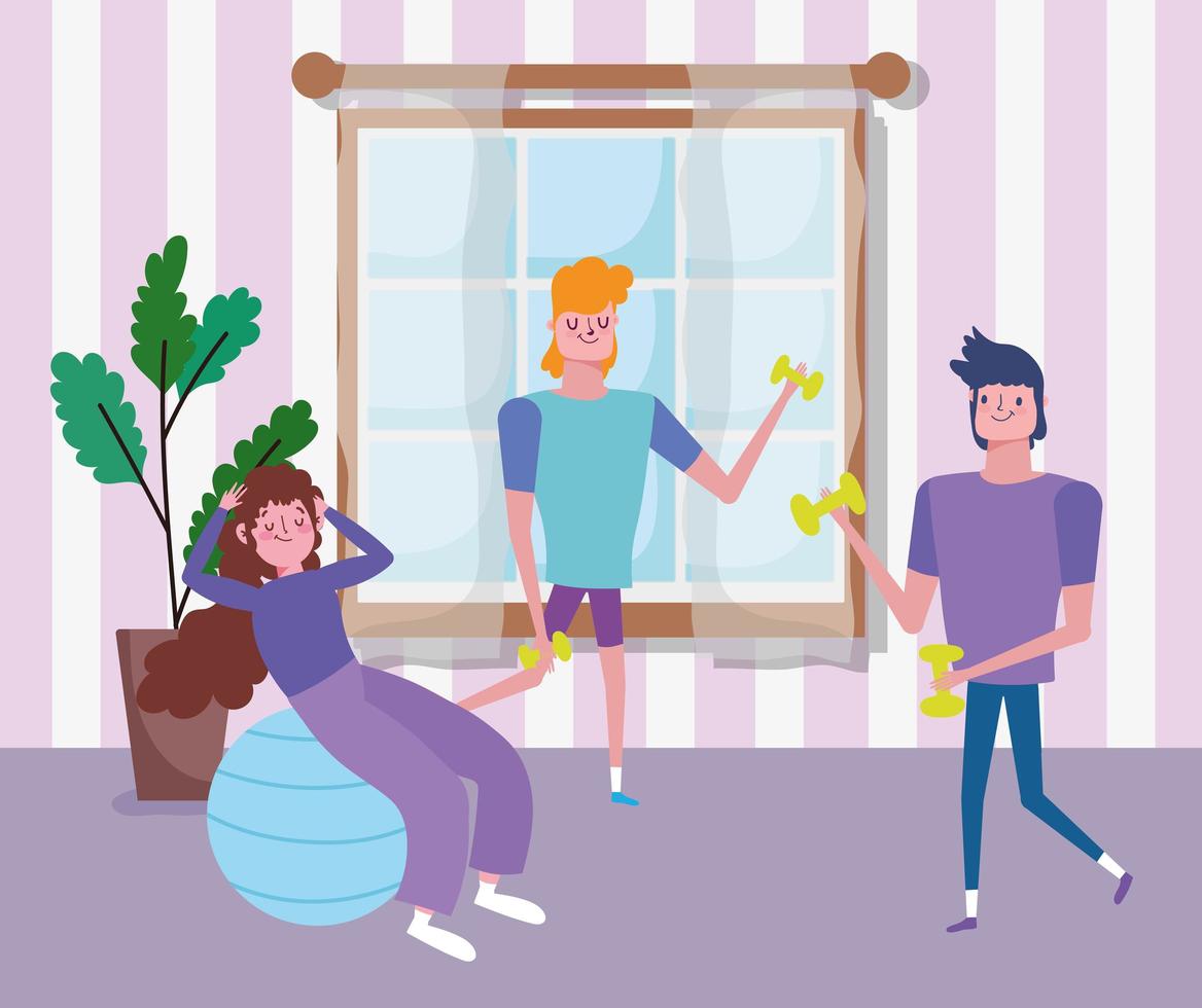 Young men working out together indoors vector