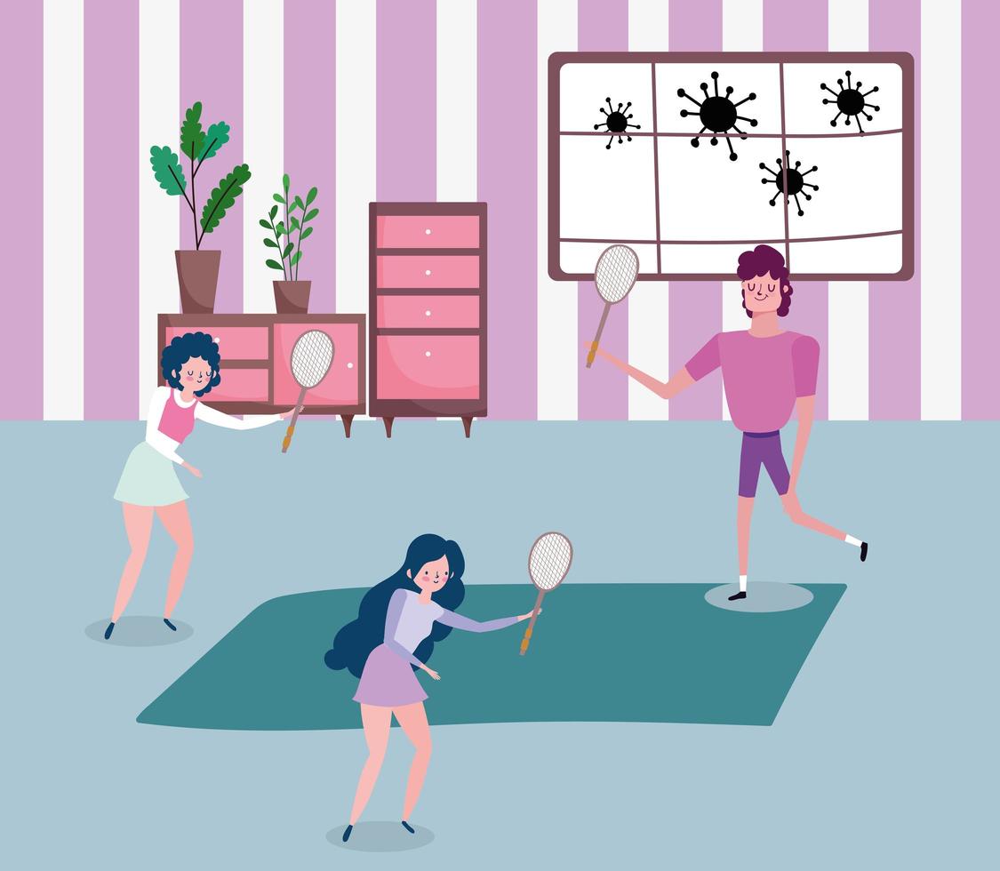 Young people doing sports at home vector