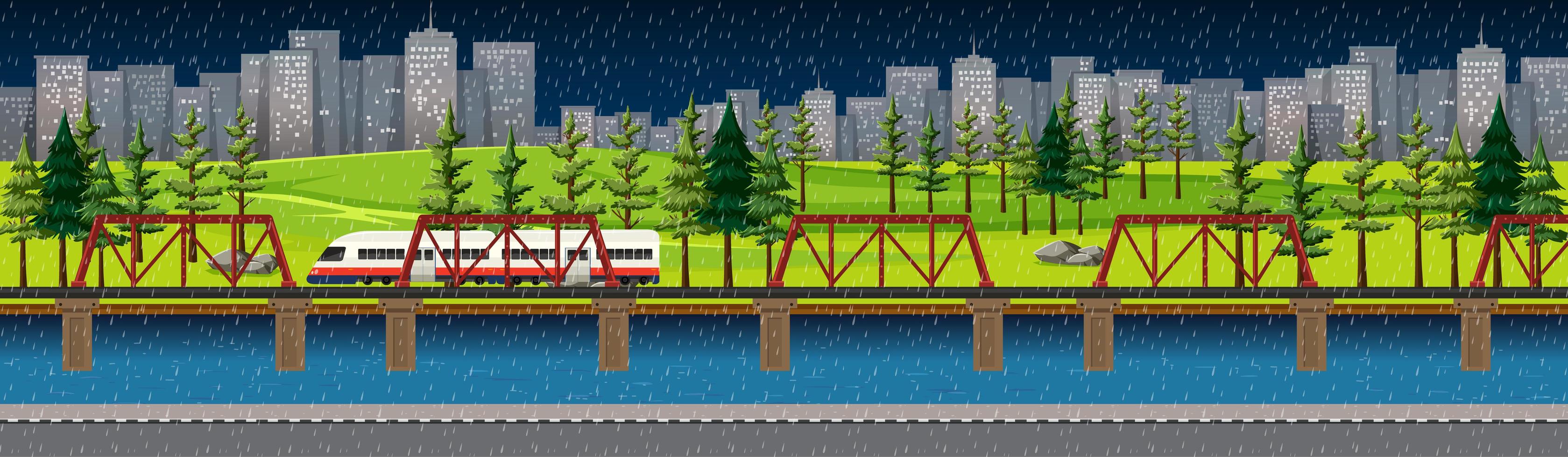 City nature park with train on skyline landscape at night scene vector