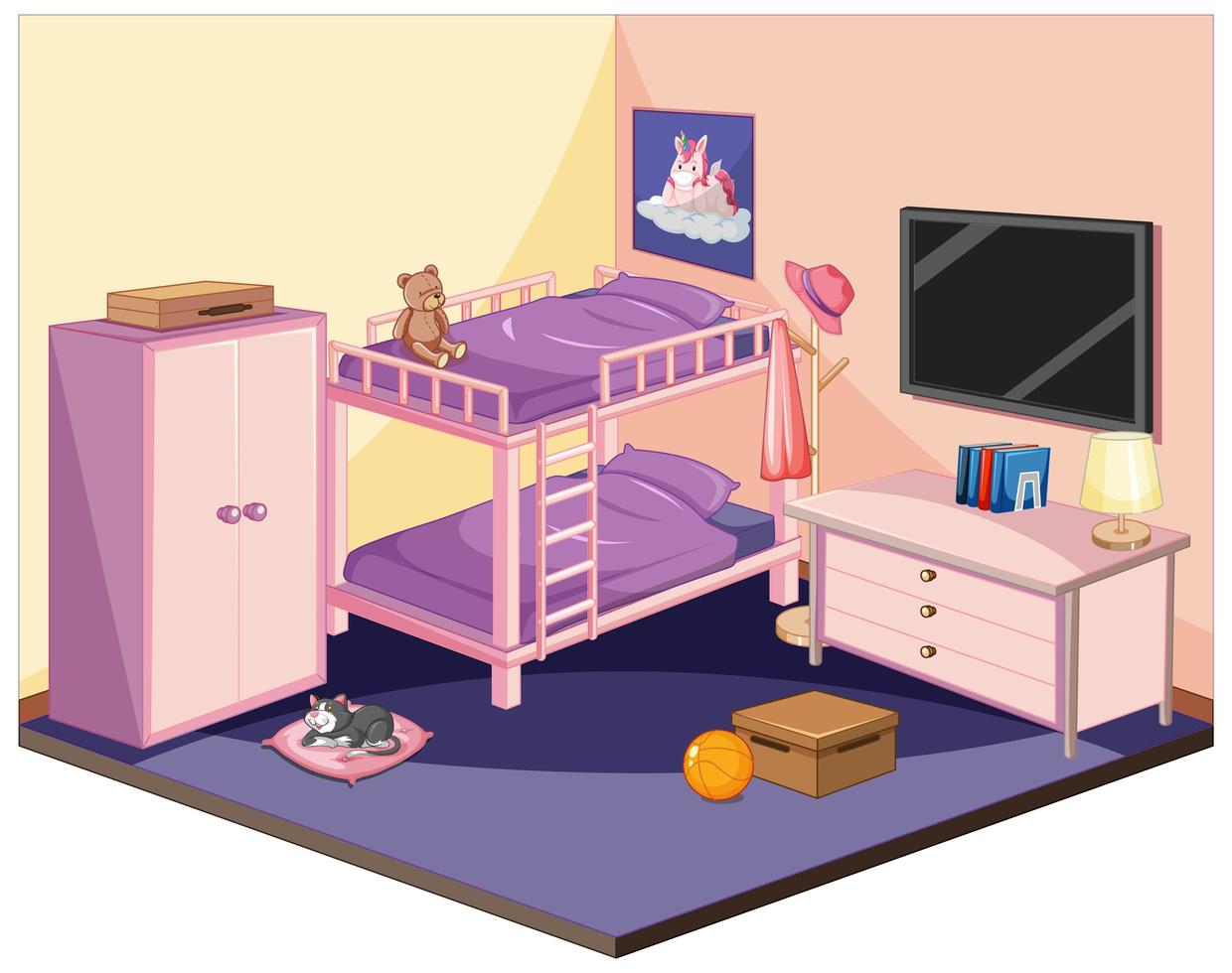 Bedroom in pink and purple color theme vector