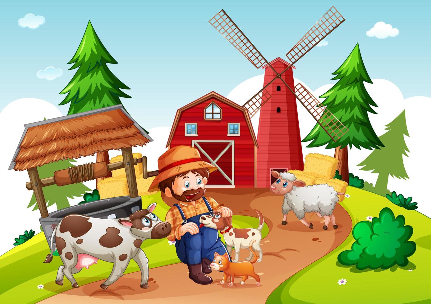 Farmer with animal farm in farm scene vector