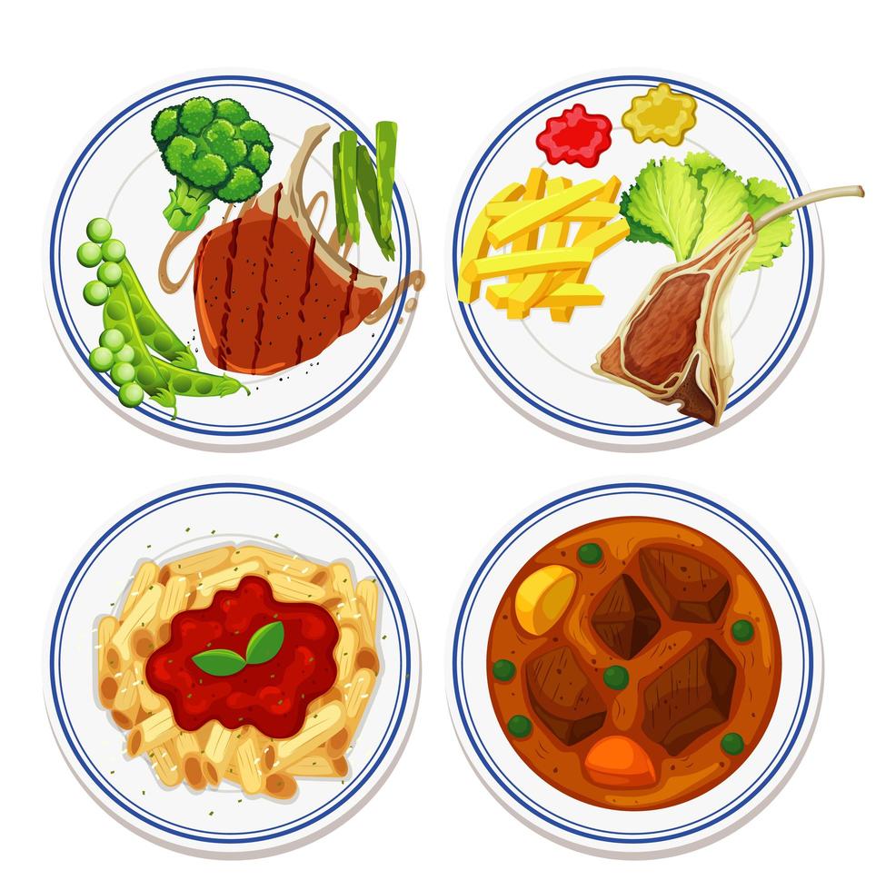 Aerial view of food on plate set vector