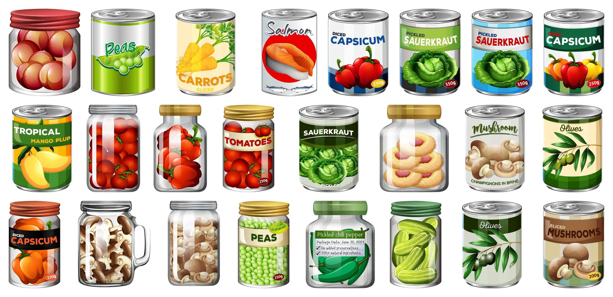 conjunto de diferentes alimentos y alimentos enlatados. vector