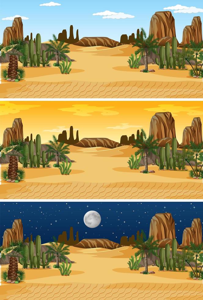 escena del paisaje de la naturaleza del desierto en diferentes momentos del día vector