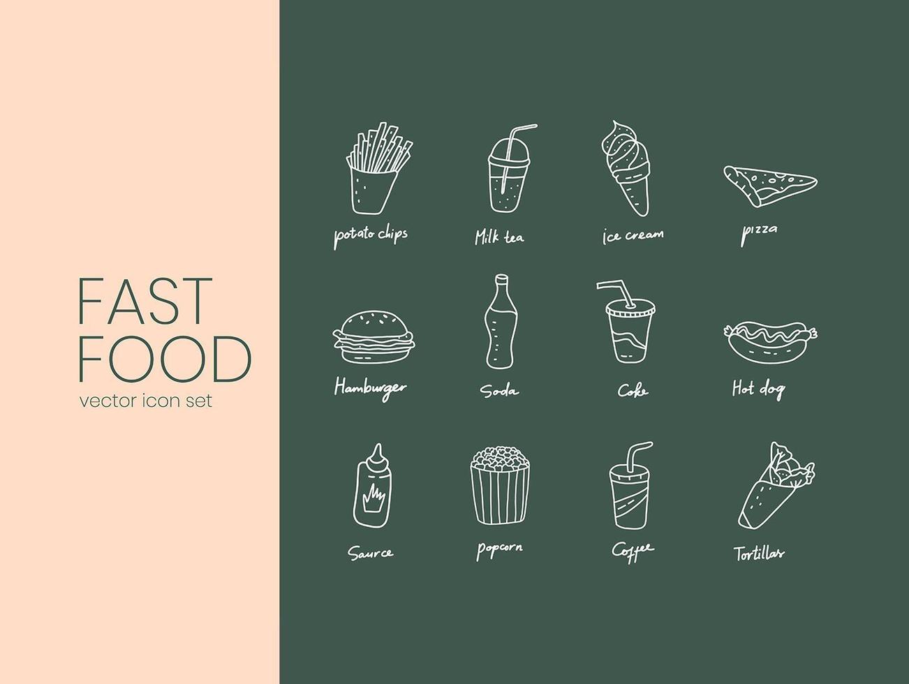 Stroke fast food icon set vector