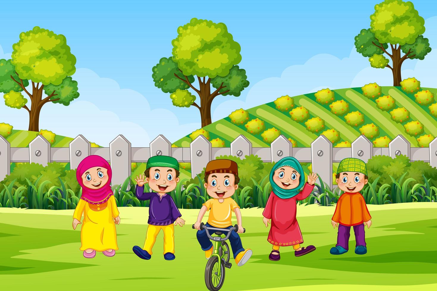 Muslim children outside in field vector