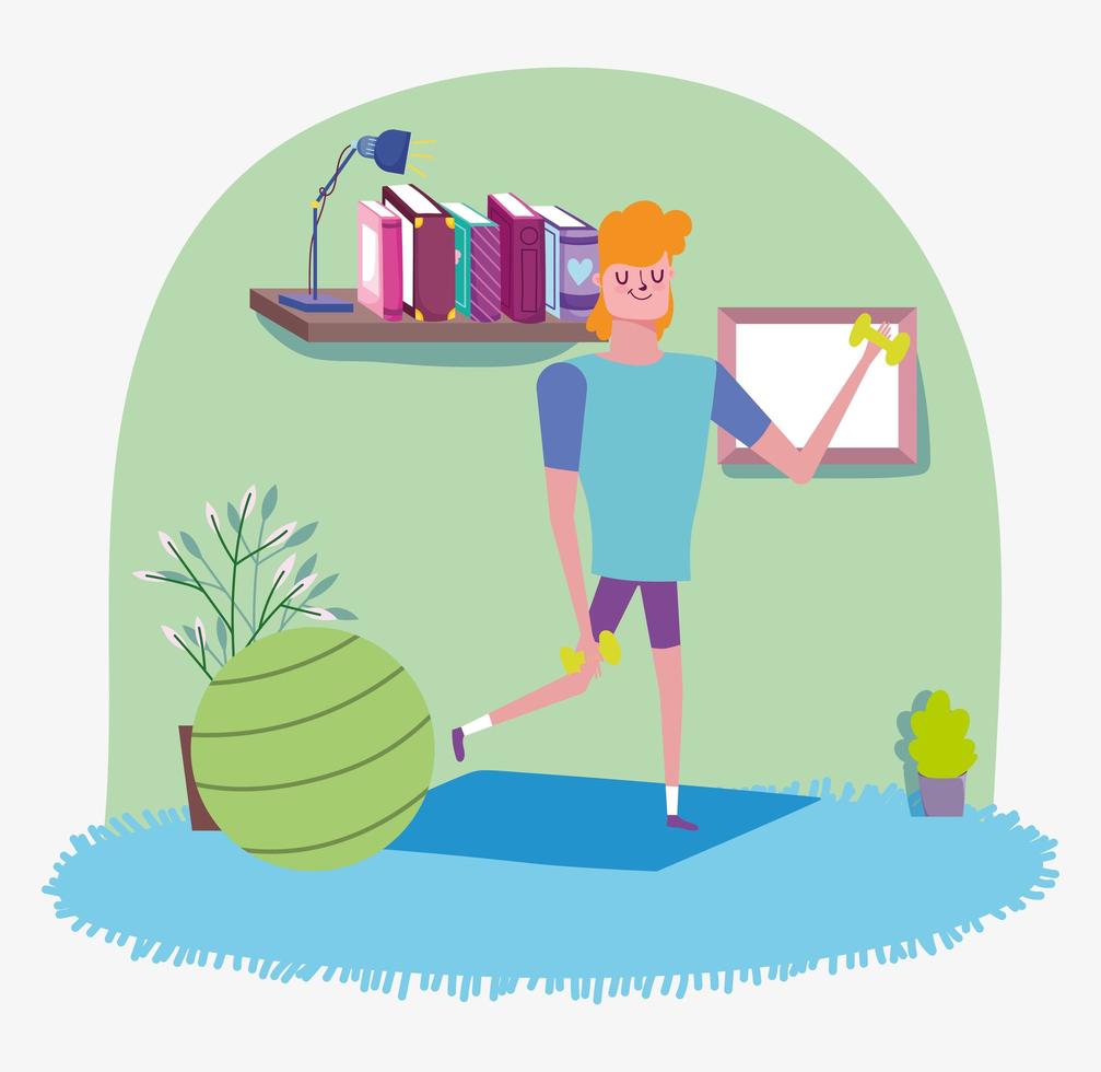 Young man working out at home vector