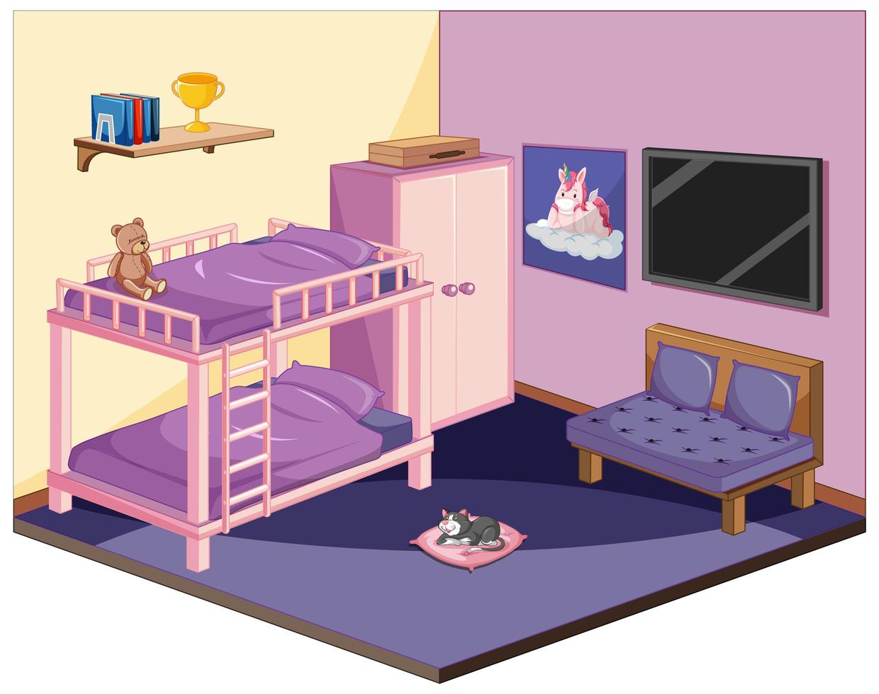 Bedroom in pink colour theme isometric vector