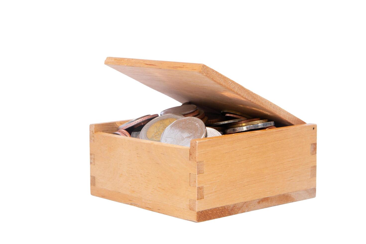 Coins in a wooden box photo