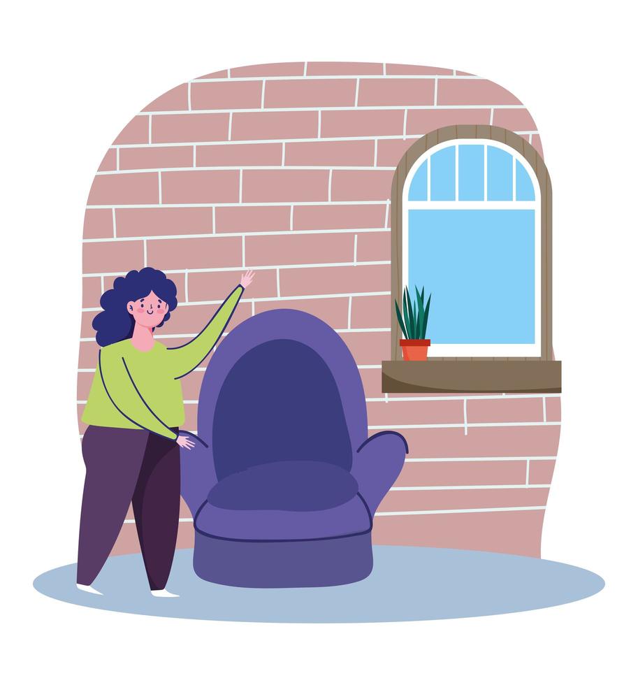 mujer junto a una silla en casa vector