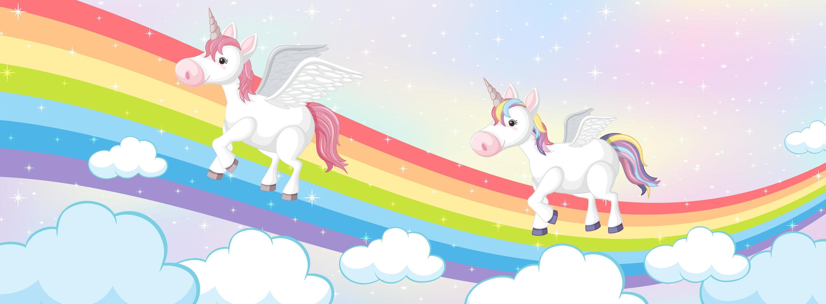 unicornios sobre fondo pastel arco iris mágico vector