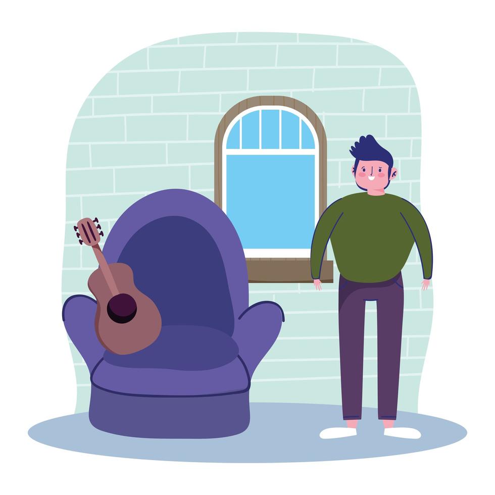 Young man with acoustic guitar at home vector