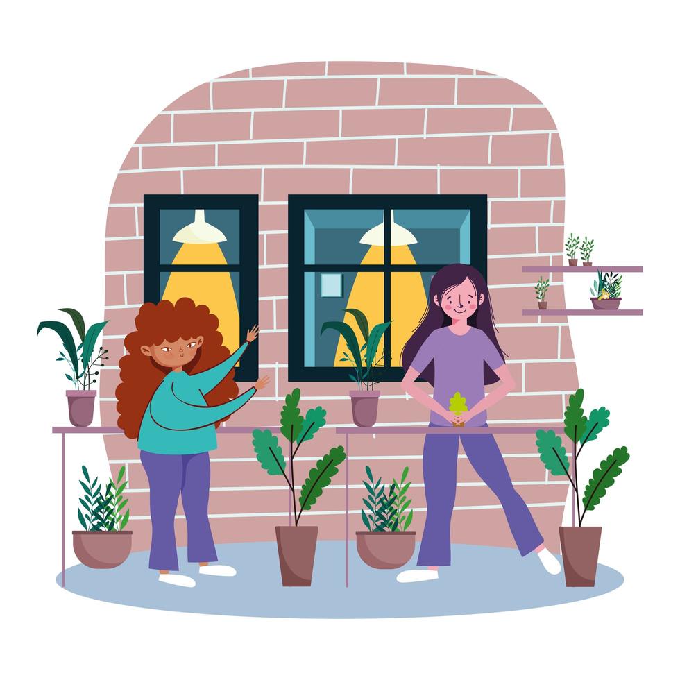 Women taking care of indoor plants on quarantine vector
