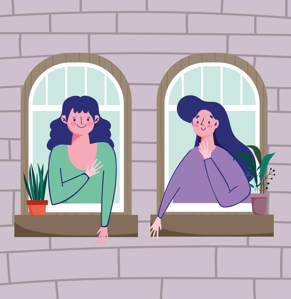 mujeres mirando por la ventana en cuarentena vector