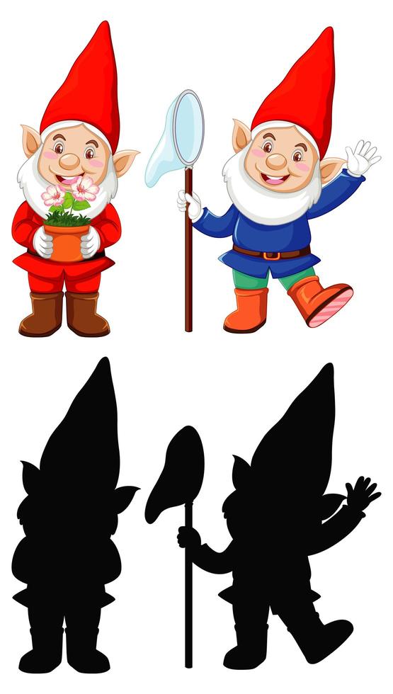 Gnomes in Santa costume in color and silhouette vector