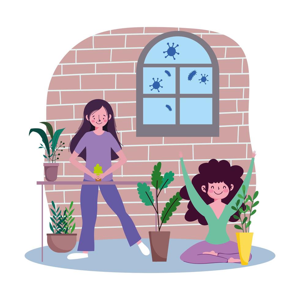 mujeres cuidando plantas de interior en cuarentena vector