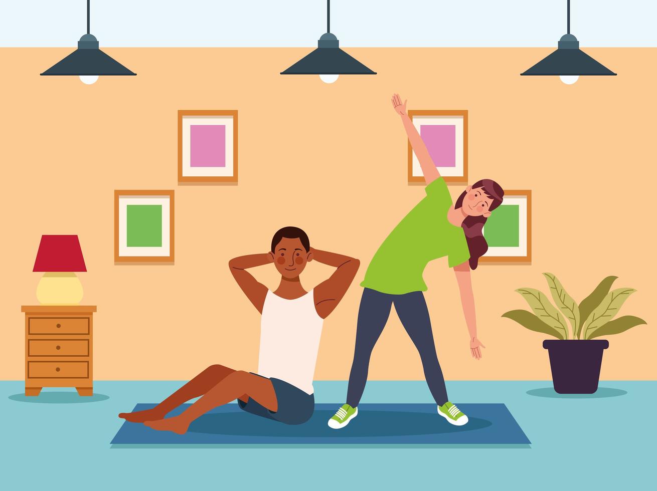 Couple practicing exercise at home vector