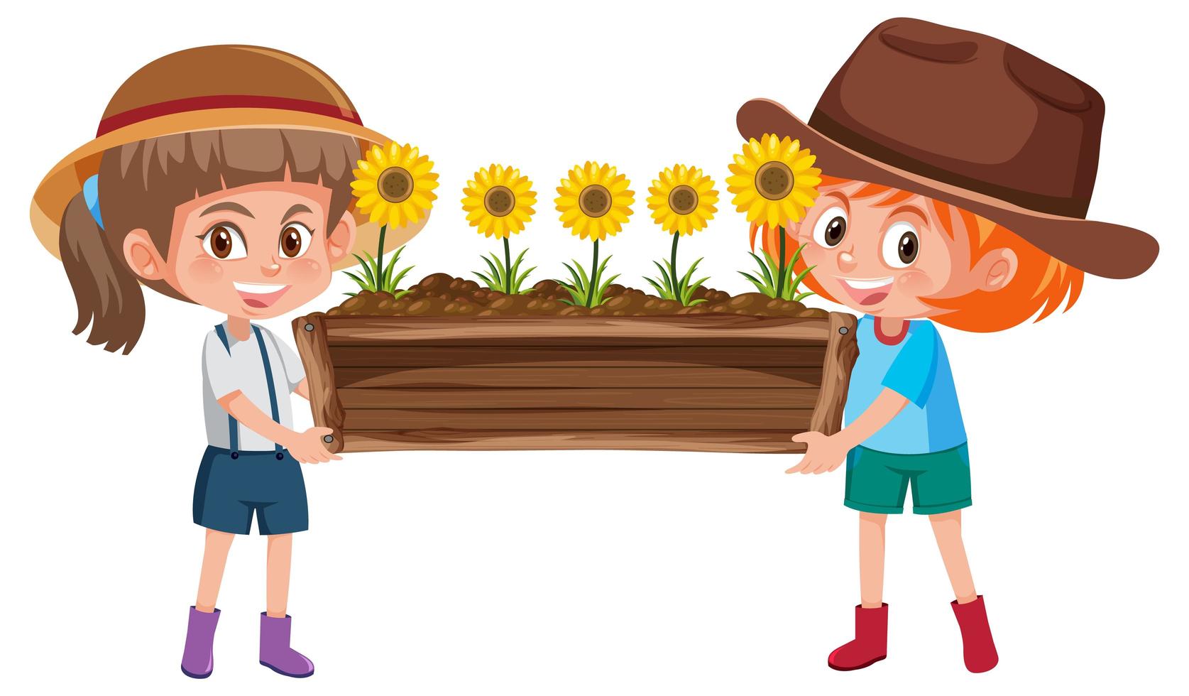 Cute girls holding flower in wooden pot vector