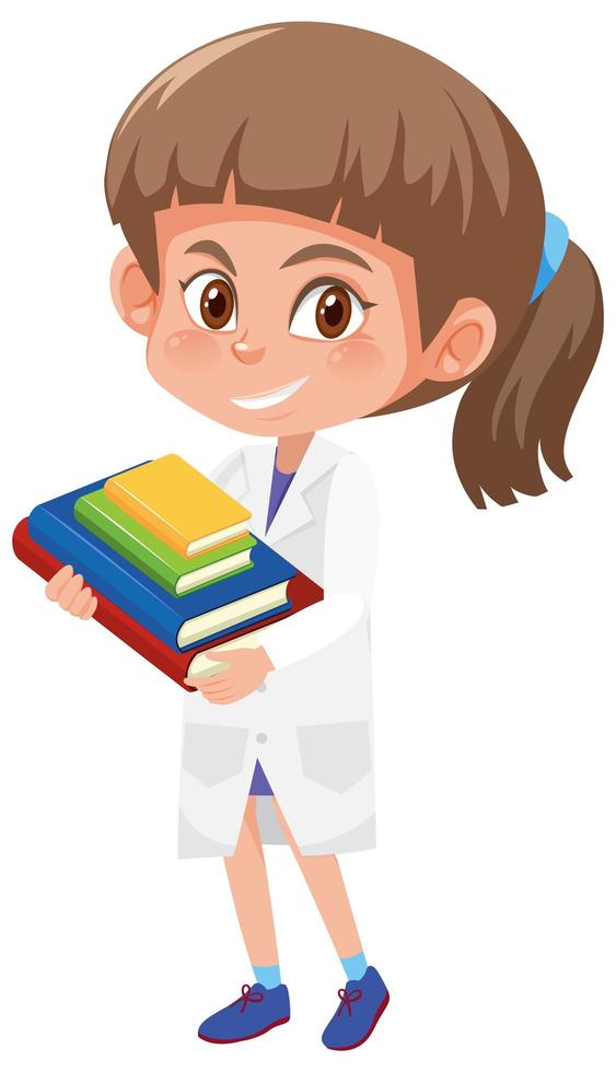 niña en traje de científico sosteniendo libros vector