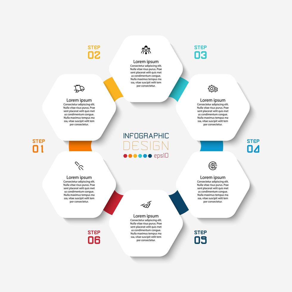 Infografía de forma hexagonal con conexión de círculo colorido vector