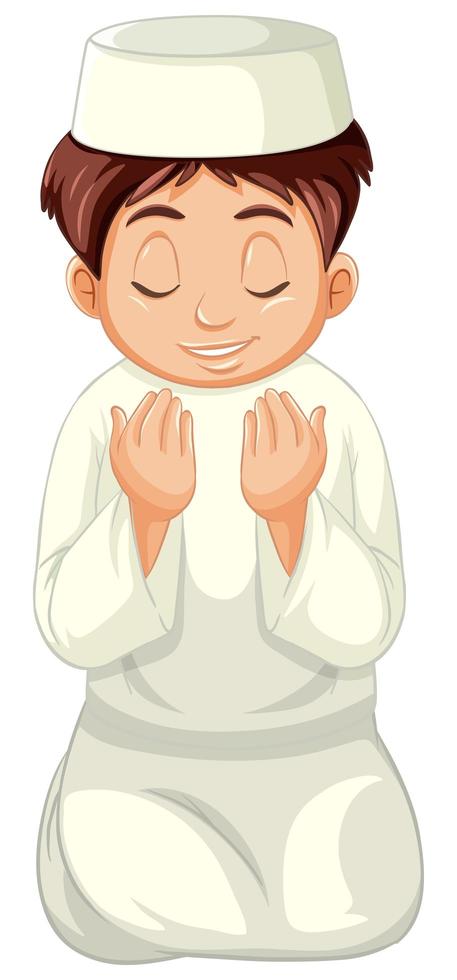 Arab Muslim boy in traditional clothing in praying position vector