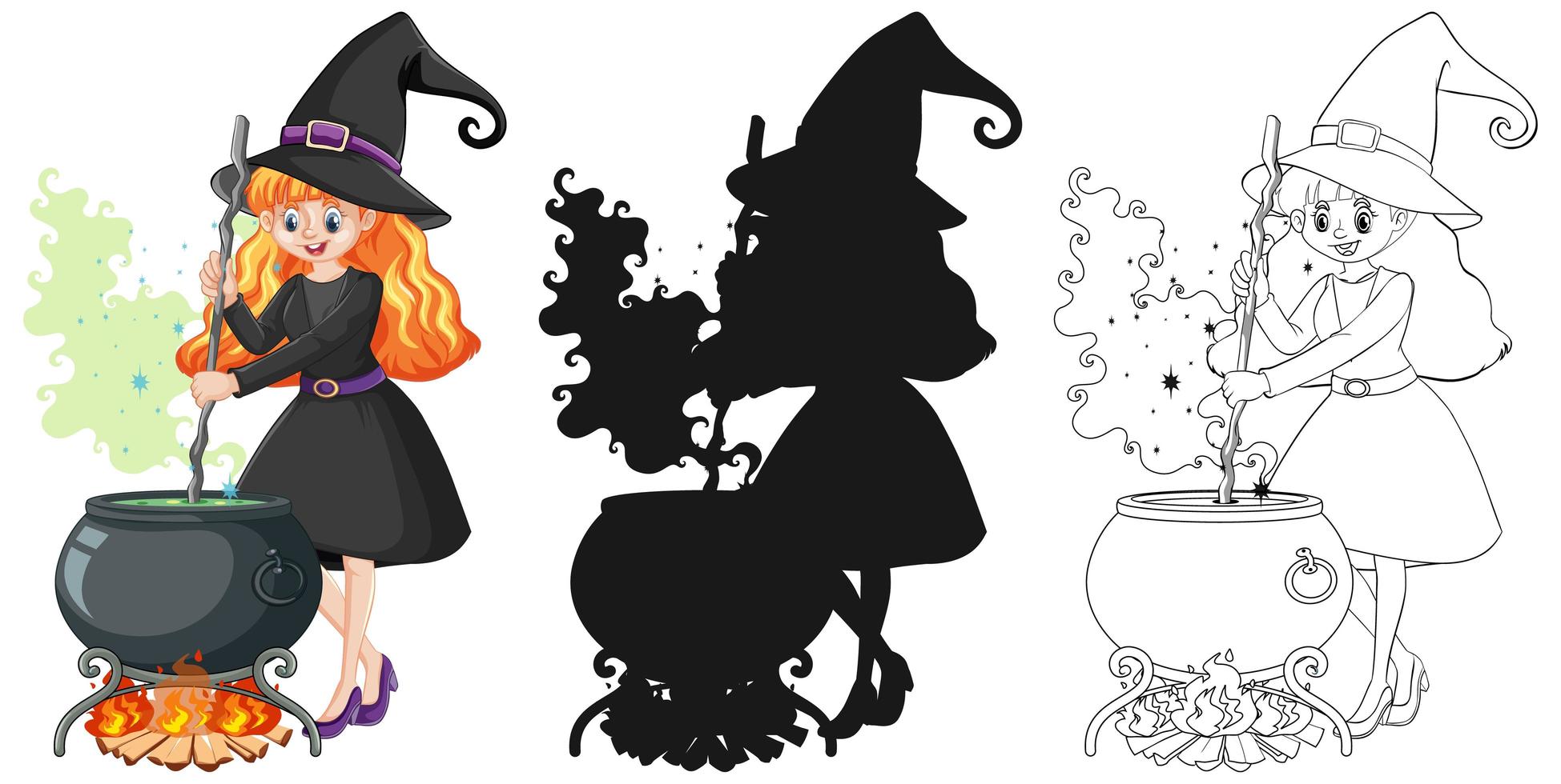 Witch in color, outline, and silhouette cartoon vector