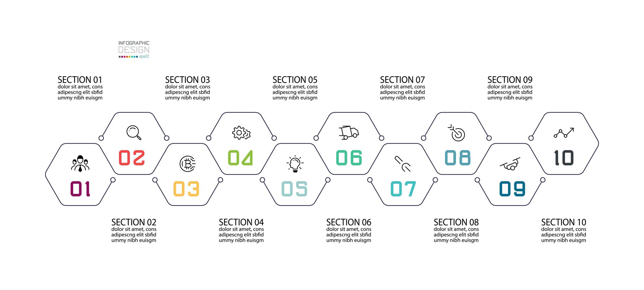 Ten hexagonal outline numbered infographic set vector