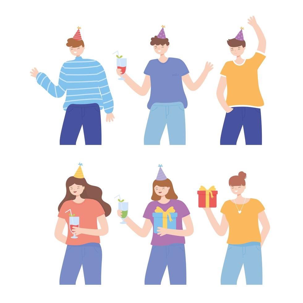 jóvenes con sombreros de fiesta y regalos. vector