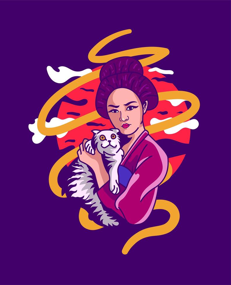 Geisha girl with cat vector