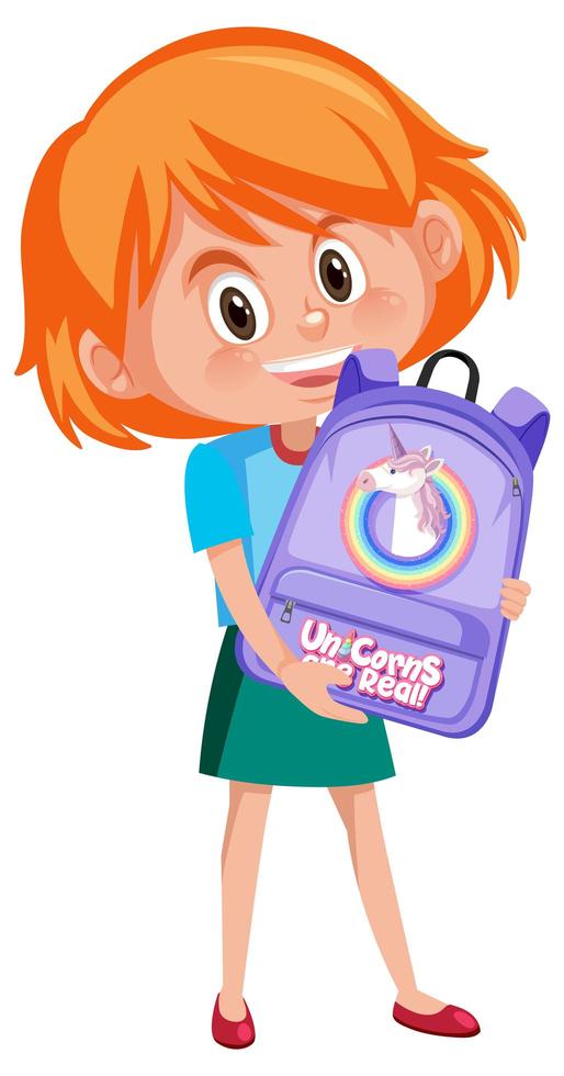 niña sosteniendo lindo personaje de dibujos animados mochila vector