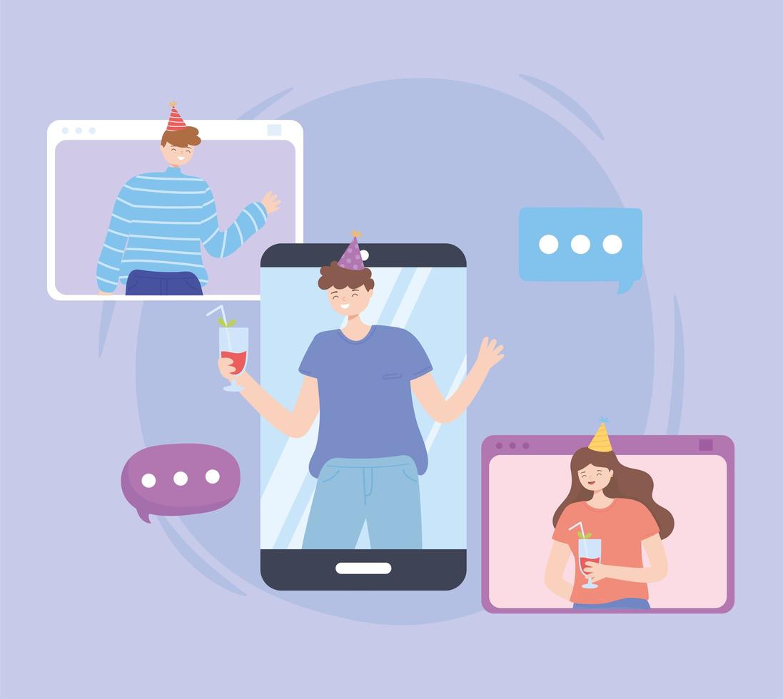 People in a video call partying online vector