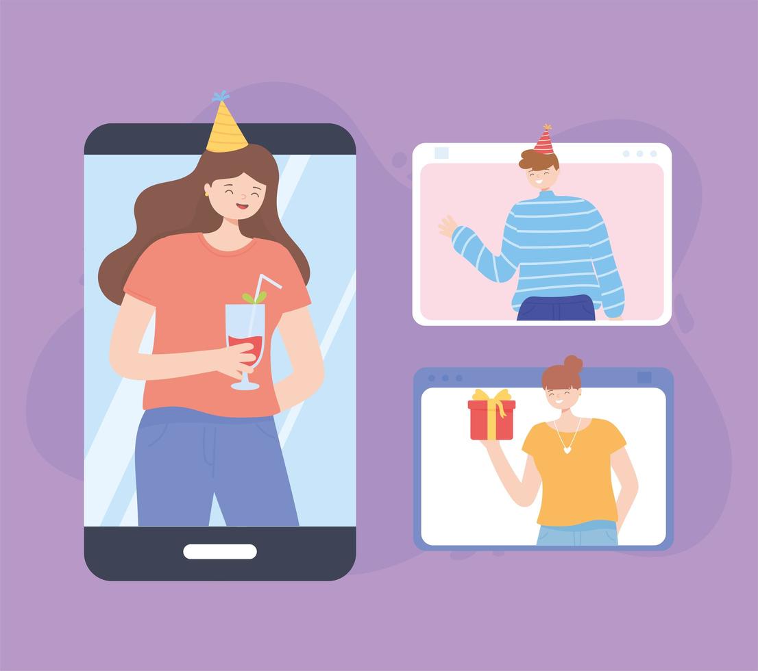 People in a video call partying online vector