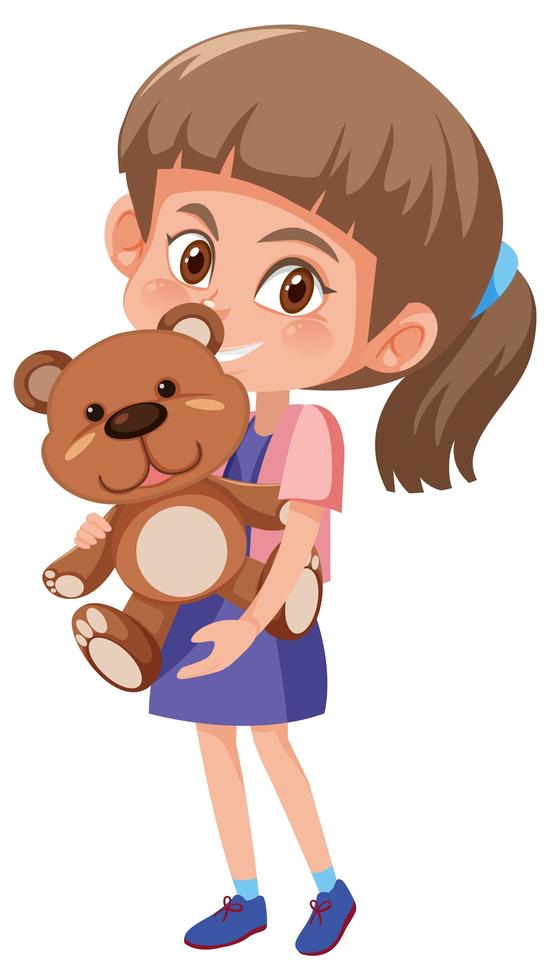 niña sosteniendo lindo oso de peluche personaje de dibujos animados vector