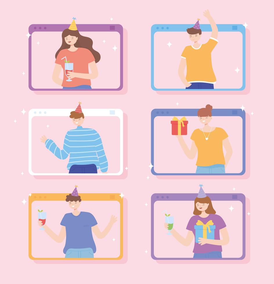 Set of people partying online vector