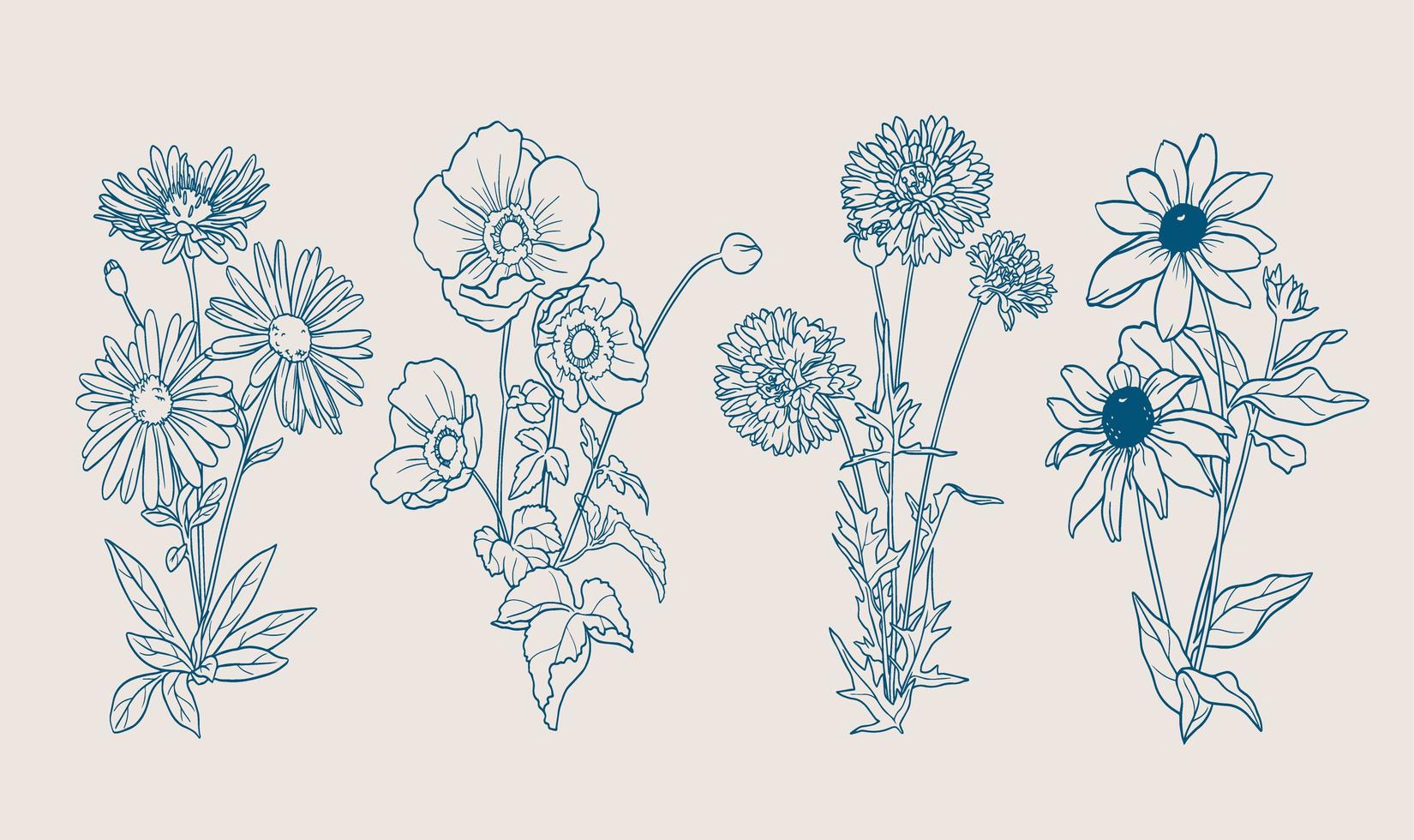 Autumn flowers with hand drawn outlines vector