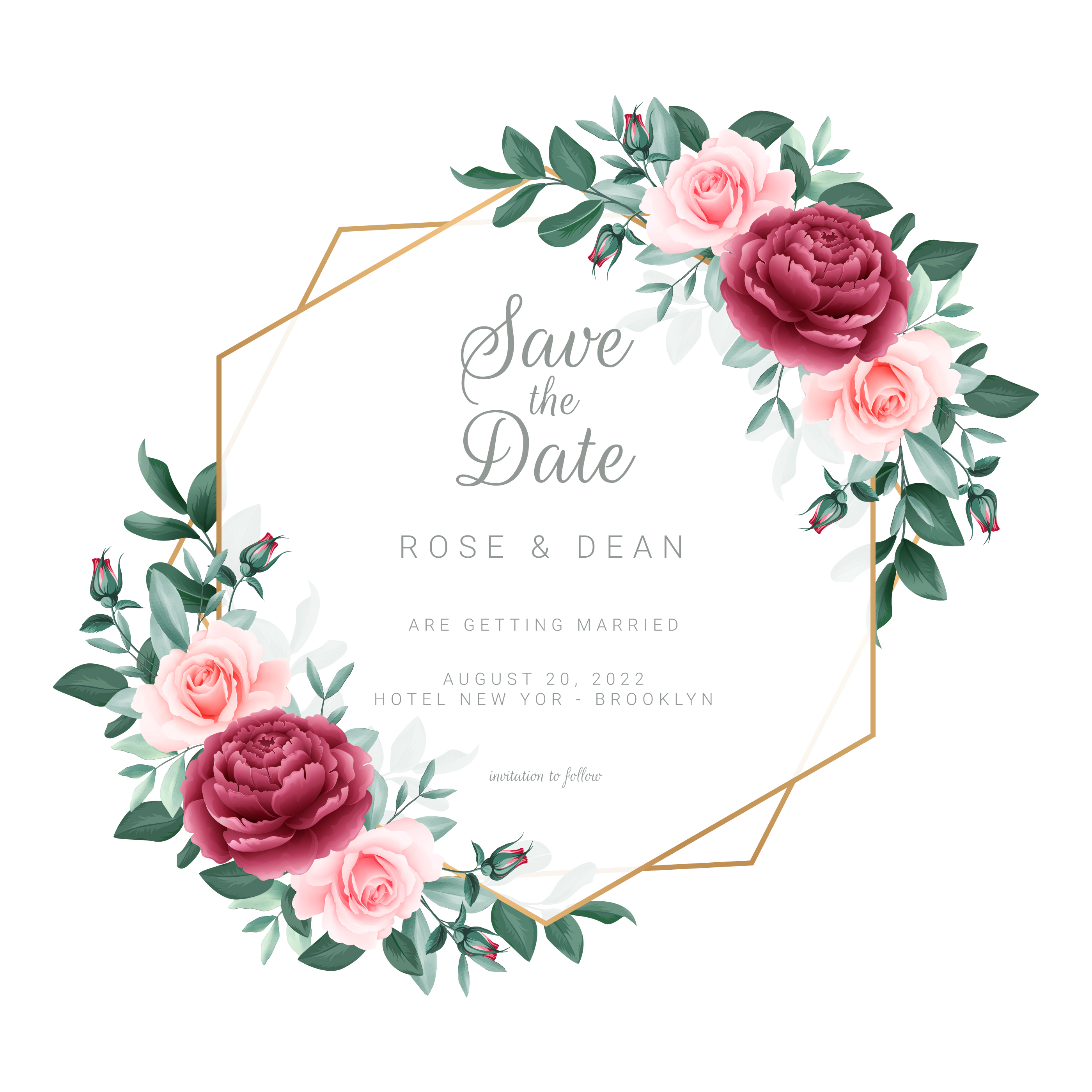 Wedding Invitation Cards with Floral Borders and Gold Foil