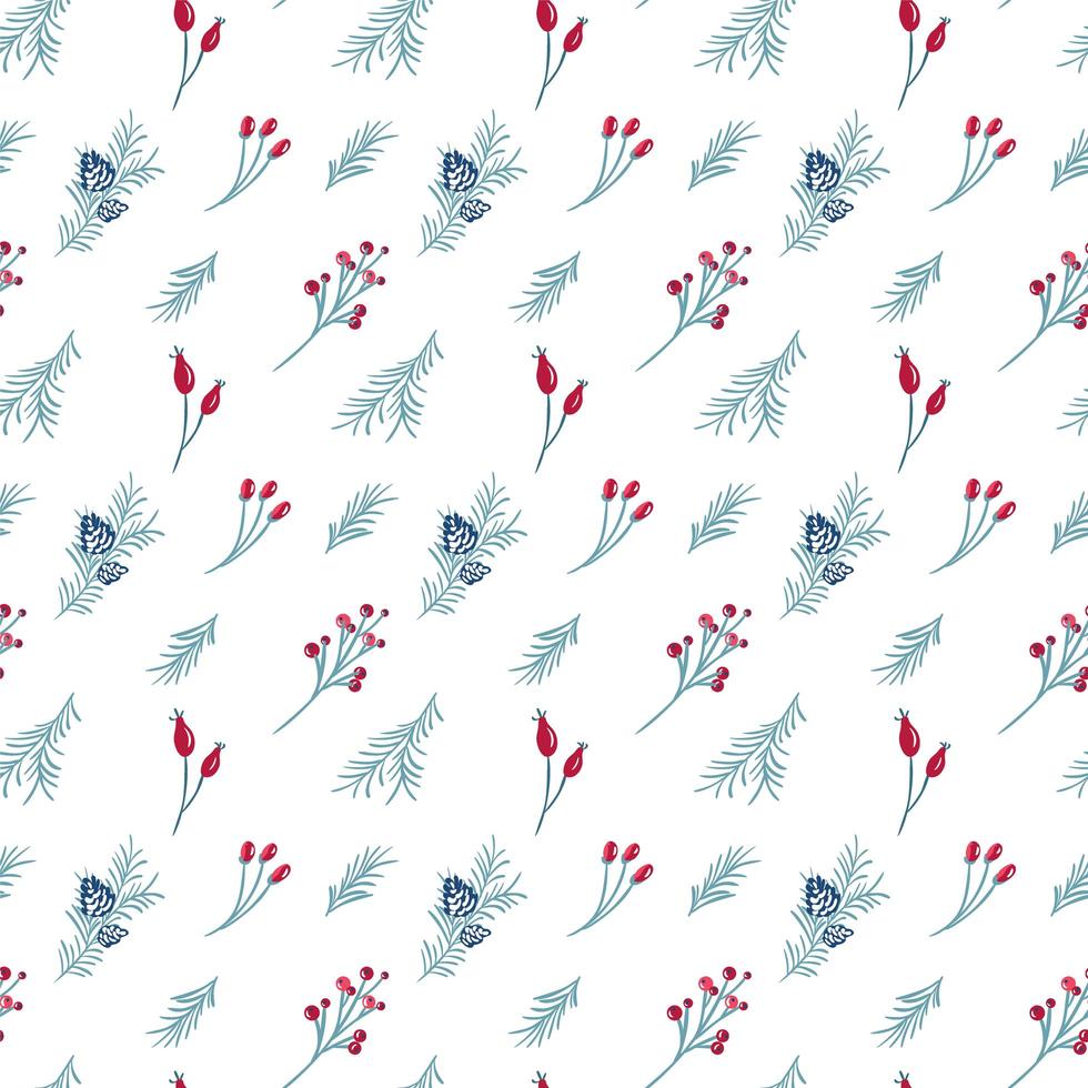 Christmas seamless pattern of red berries and pine branches vector
