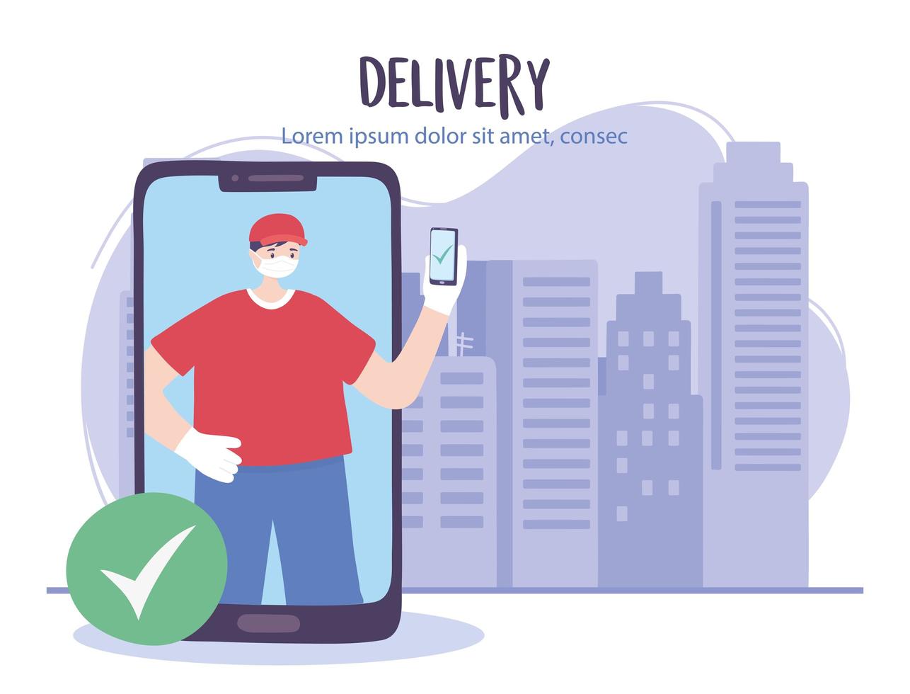 Servicio de entrega online con mensajero y smartphone. vector