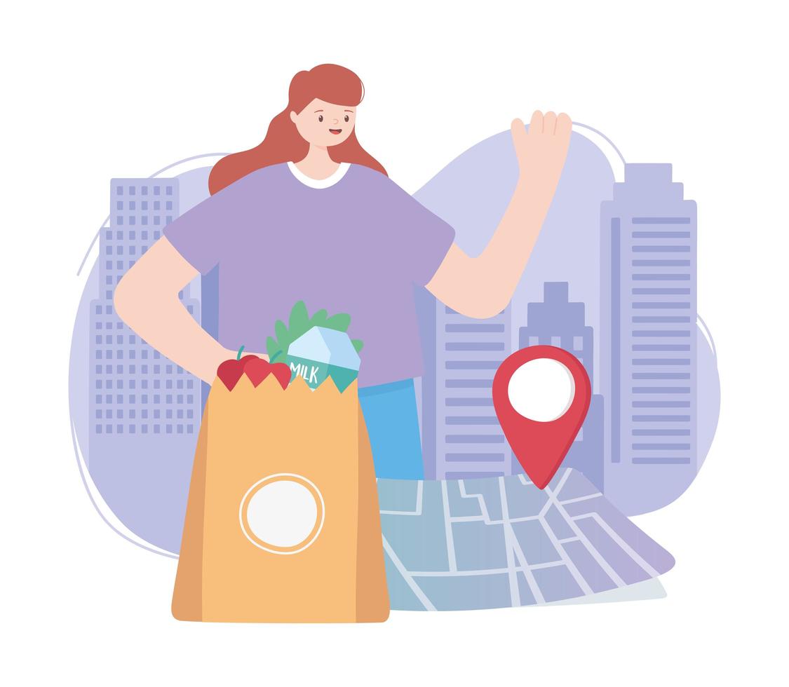 Online delivery service with woman and groceries vector