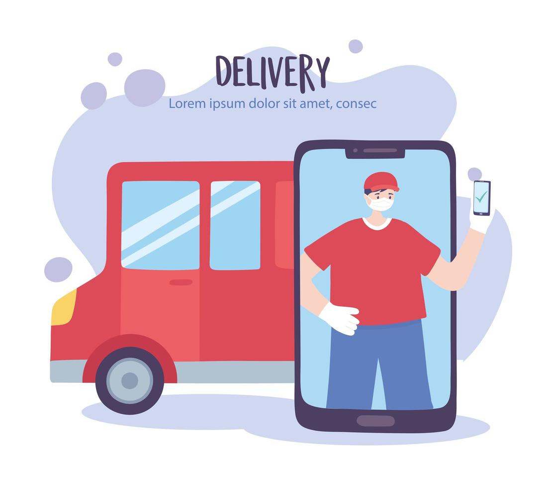 Online delivery service with courier man and smartphone vector