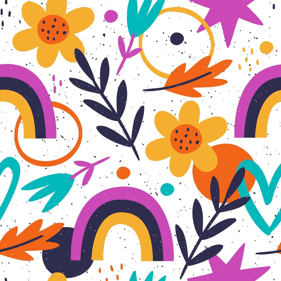 Hand drawn pattern with foliage and colorful shapes vector