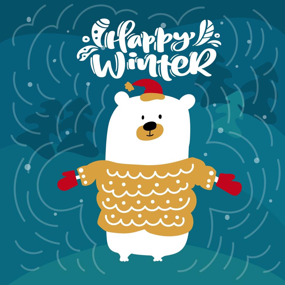 Polar bear and Happy Winter calligraphy vector