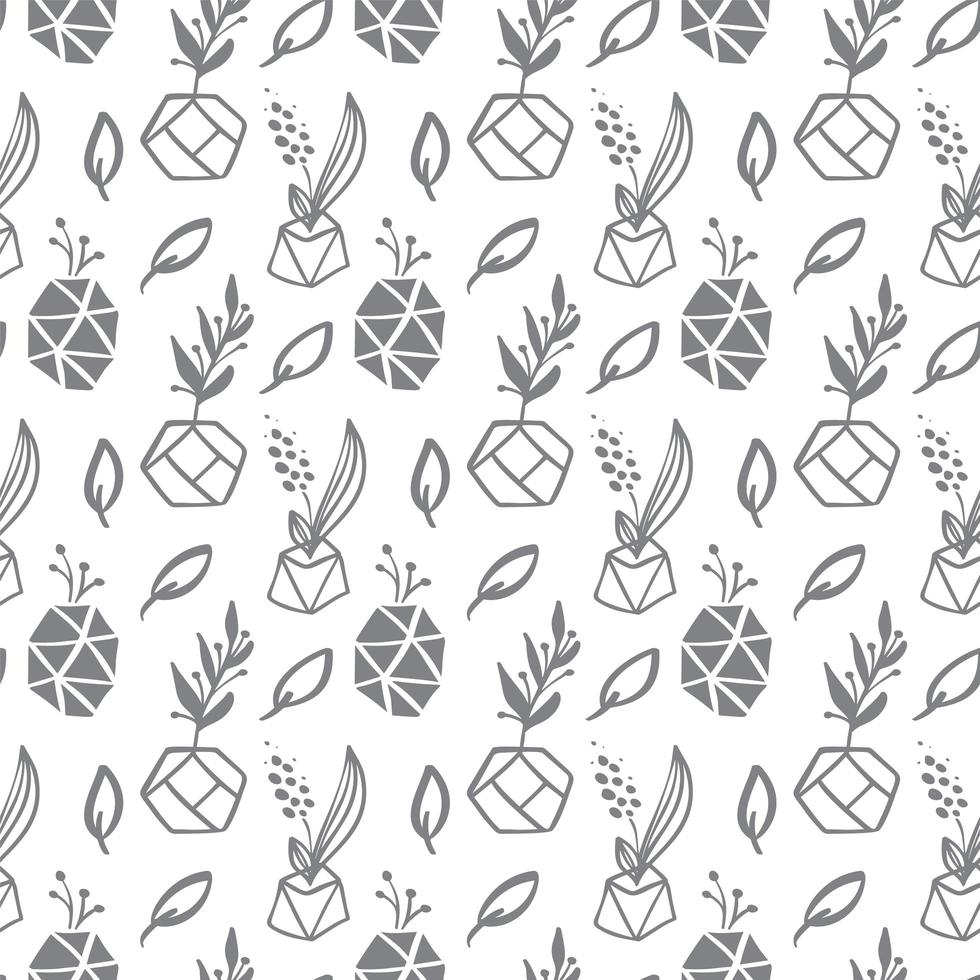 Seamless pattern with leaves and succulent plant pots vector