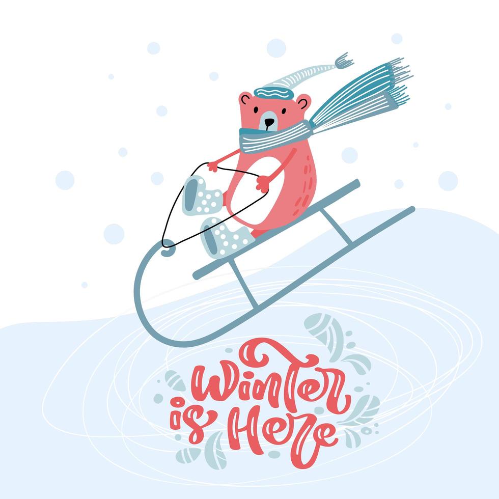 Cute bear in hat and scarf on a sled vector