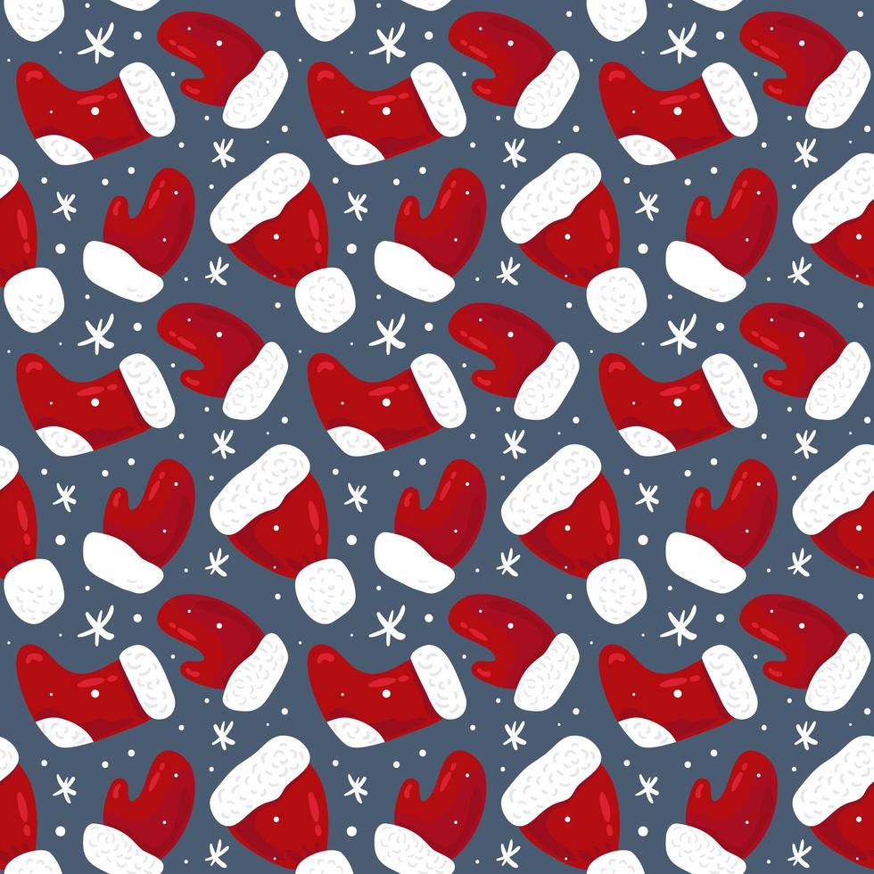 Christmas seamless pattern with mittens, hats and snowflakes vector