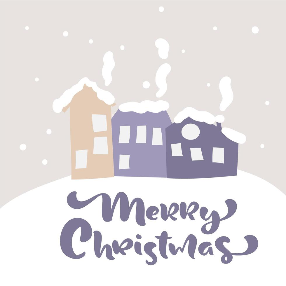 Merry Christmas calligraphy and winter home scene vector