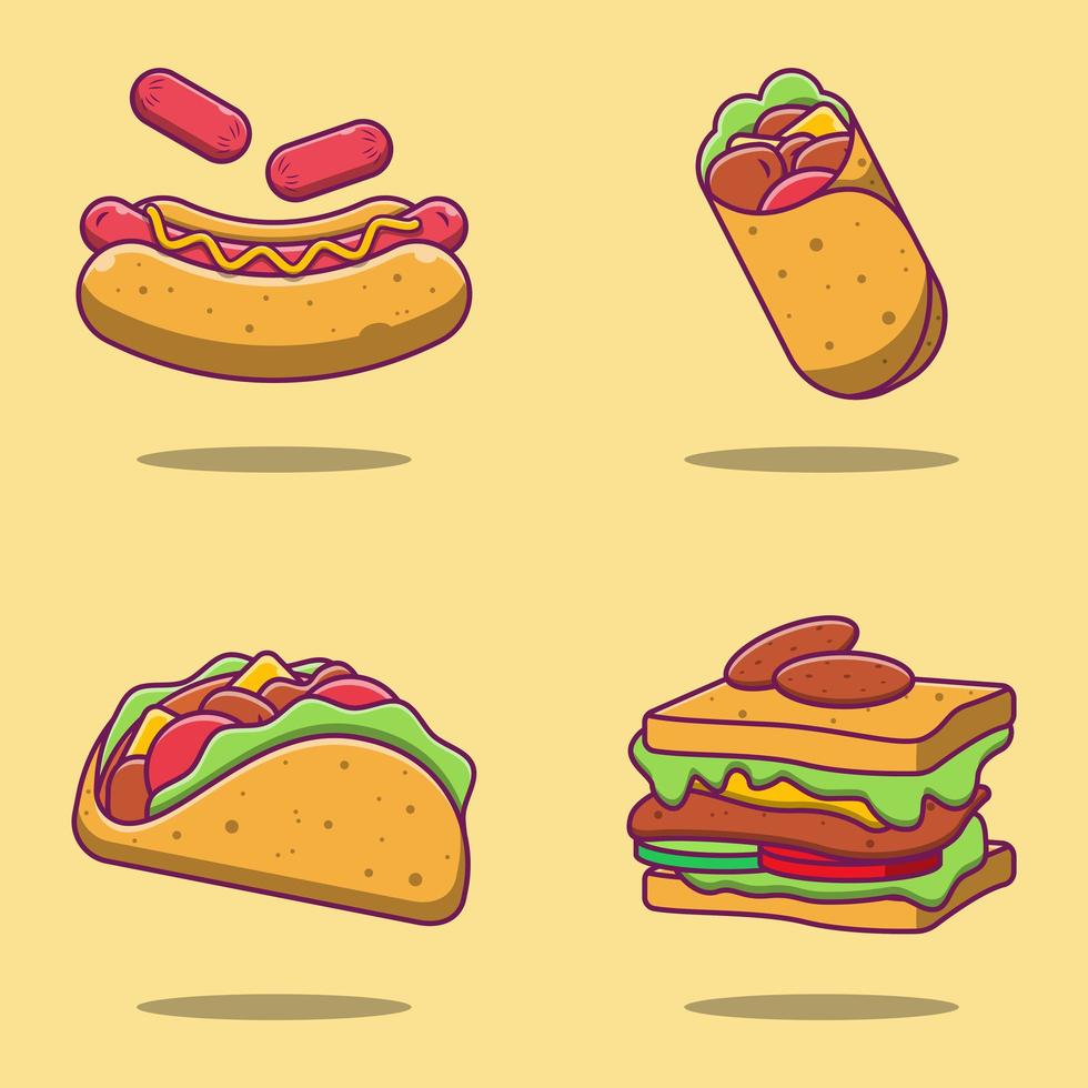 conjunto de diseño de dibujos animados de hot dog, burrito, taco y sándwich vector