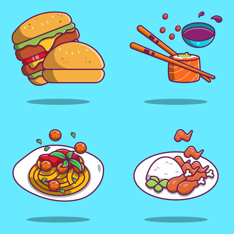 Spaghetti, sushi, hamburger and fried chicken cartoon designs vector